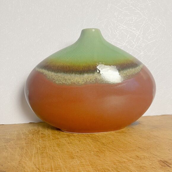 MCM Style Oval Ceramic Vase Red Green Tan Glaze. - Picture 1 of 8
